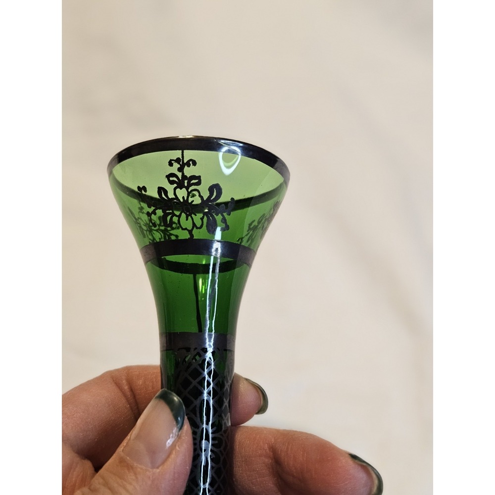 Bohemian Emerald Green Glass Silver Overlay Bud or Weed Vase - Beautiful - Picture 15 of 16